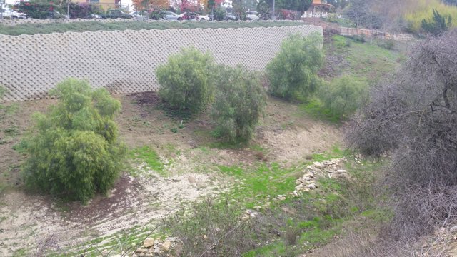 Retaining wall and landscaped hillside at Hsi Lai Temple